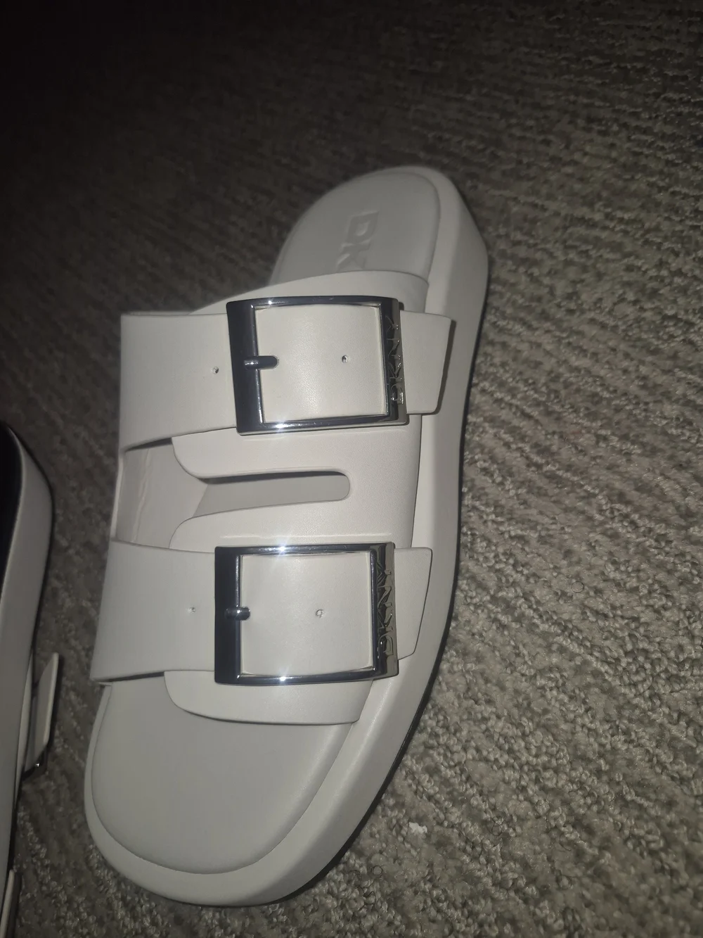 DKNY White Double-Buckle Slide Sandals with Silver Buckles